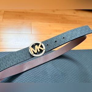 Michael Kors Black and Brown Reversible Leather Belt with Gold MK Buckle
